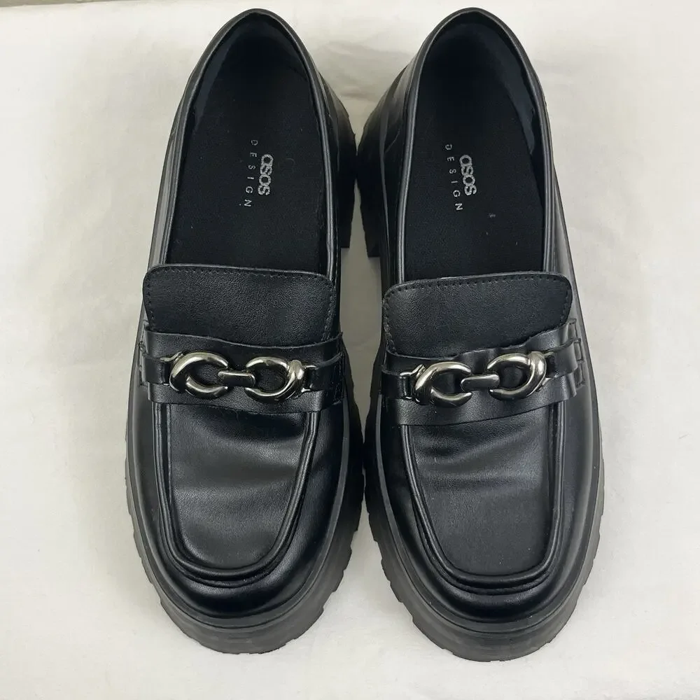 Asos Design Chunky Lug Slip On Loafers Womens Size 11 Black Leather Italy Made